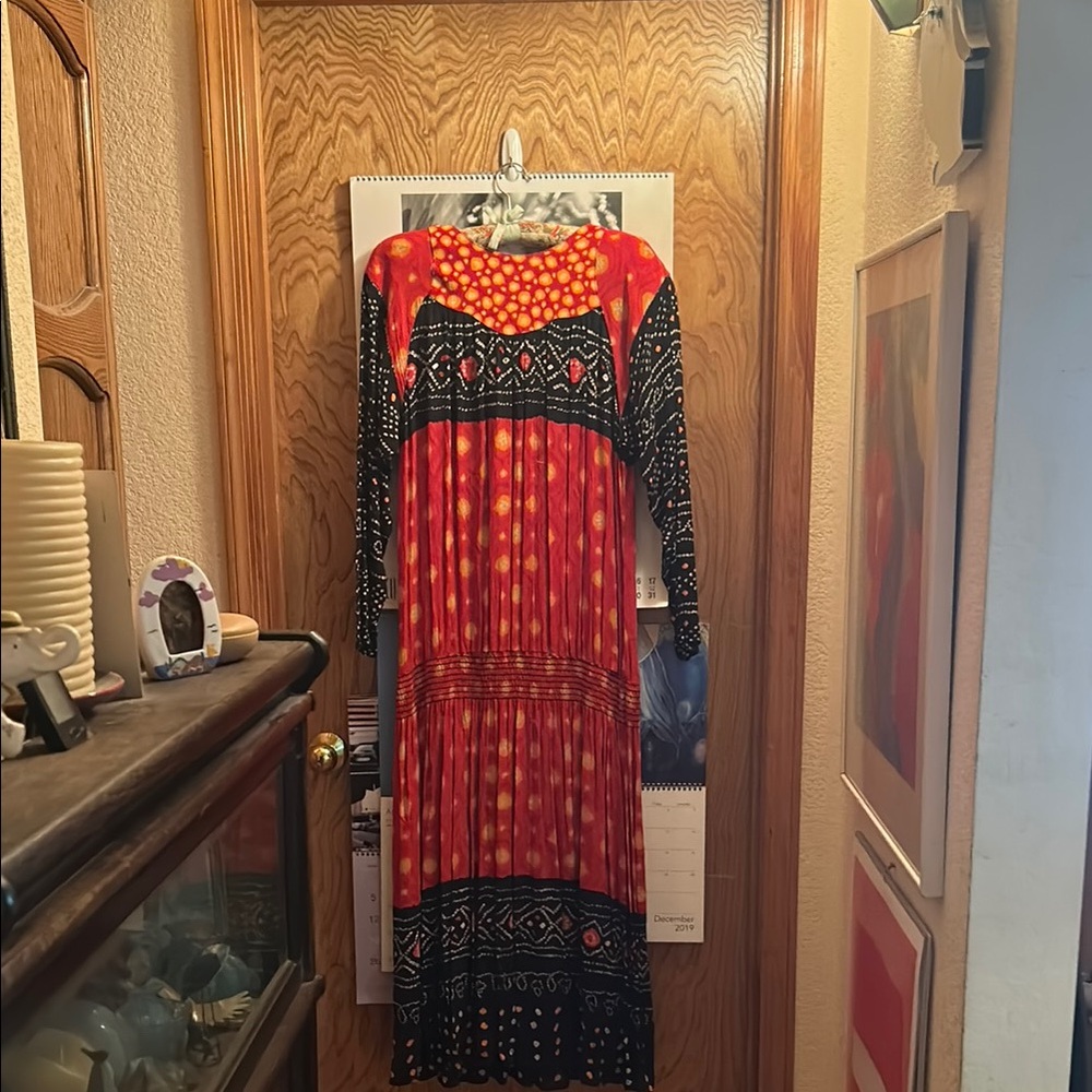 Carole Little Red and Black Pleated Gown with Bishop Sleeves